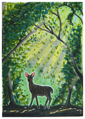 A young deer in the forest among the trees in the rays of the bright sun