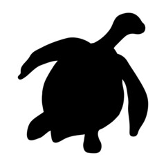 Fototapeta premium Black silhouette of a swimming turtle isolated on white background. The shadow of a sea animal. Contour monochrome drawing of a tortoise. Sea turtle icon, symbol. View from above. Vector illustration