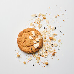 Oatmeal cookies, top view. Crunchy oat and wholemeal biscuit.