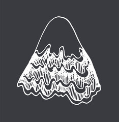 drawing of a mountain. a snowy mountain with a pattern of wavy lines and strokes. a hand-drawn sketch-style hill isolated by a line of white on gray for the template design.