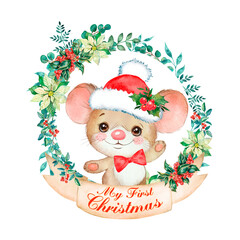 Watercolor Christmas illustration with a cute mouse. First Christmas, little animal, baby animal. Christmas card for baby