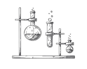 Sketch of objects of a chemical laboratory. Glassware for a chemical experiment. Vector pharmaceutical flasks, beakers and test tubes. - 468359999