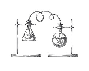 Sketch of objects of a chemical laboratory. Glassware for a chemical experiment. Vector pharmaceutical flasks, beakers and test tubes. - 468360115