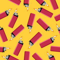 Red lighter with fire flame in seamless vector pattern