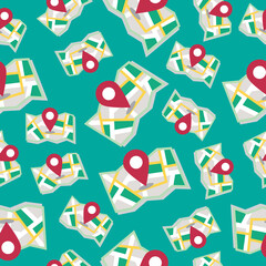 Map and location pin in seamless pattern vector