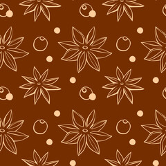 Vector seamless pattern of star anise, pepper in doodle style. Background or texture of seasonings, food additive, spice