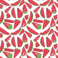 Bright, juicy, seamless pattern of watermelon slices on a white background