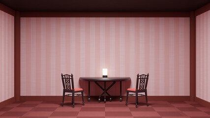 ピンクストライプの部屋　アンティーク調の椅子　テーブル　3dcg　背景　ポスター