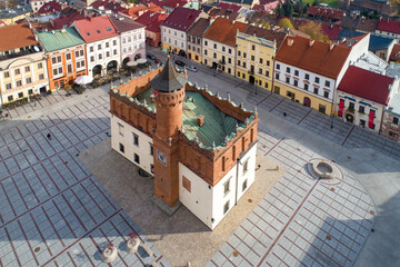 Tarnow, Poland. Town hall with an attic typical for Polish Renaissance. Aerial view from above with old town main square