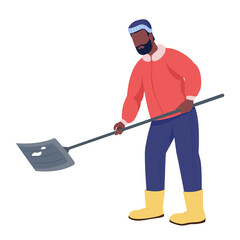 Man shoveling snow semi flat color vector character. Posing figure. Full body person on white. Winter season isolated modern cartoon style illustration for graphic design and animation