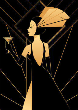 stylized female portrait in art deco style in black and gold colours