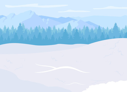 Mountain resort flat color vector illustration. Ski season. Outdoor recreation. Skiing and snowboarding opportunities. Mountain national park 2D cartoon landscape with snowy peaks on background