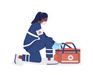 Female ambulance attendant semi flat color vector character. Full body person on white. Nurse with disaster supplies kit isolated modern cartoon style illustration for graphic design and animation - obrazy, fototapety, plakaty