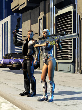 futuristic soldier with weapons in the street of a futuristic city, 3d illustration