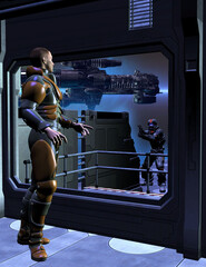 Fototapeta na wymiar astronaut in a space station observing a spaceship landing and a soldier armed with gun, 3d illustration