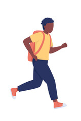 Fototapeta na wymiar Boy being late to classes semi flat color vector character. Running figure. Full body person on white. Chronically late kid isolated modern cartoon style illustration for graphic design and animation