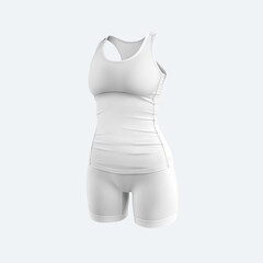 Mock up of white tank top, shorts, 3D rendering, female compression suit isolated on background.