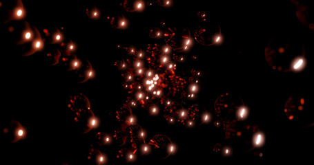 Render with dark glass red spheres with reflections on black background, soft focus