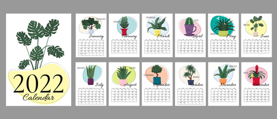 White A4 vertical calendar 2022 with trendy hand draw home plants and color spots. Cover and 12 monthly pages. Week starts on Sunday, A3 A2 A6 formats.