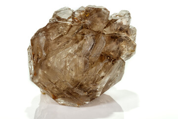 Macro mineral stone smoky quartz, rauchtopaz on a white background