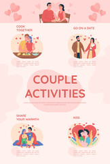 Couple activities flat color vector infographic template. Spending quality time togethe. Poster with text, PPT page concept design with cartoon character. Creative data visualization. Info banner idea