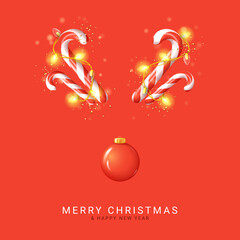 Merry Christmas and Happy New Year card. Vector illustration with candy canes, Christmas red ball, sparkling garlands and confetti on red background. Happy New Year banner.
