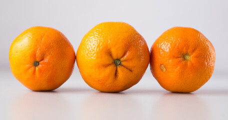 appetizing tangerines laid out in a row on white background