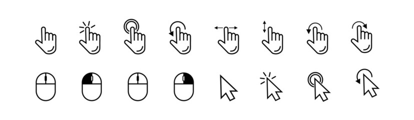 Mouse cursor icon set. Click hand pointer. Black finger touch screen symbol, clicking cursor arrow, mouse computer key. Click, tap, swipe, slide, hand signs.