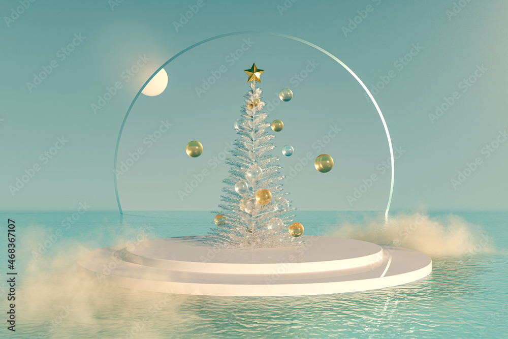 Leinwandbilder abstract christmas tree with a podium for product display. 3d rendering.