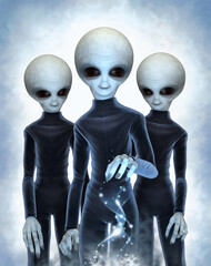 Three space aliens from outer space with big black eyes in a stream of energy, isolated on a light background. 3 D illustration.