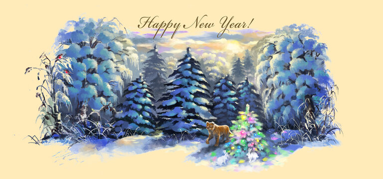 A New Year's card with a winter evening landscape. Winter forest. The Year of the Tiger is 2022. Digital illustration.