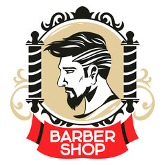 Barbershop Badge or Emblem with barber pole in Vintage Style