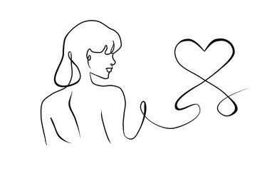 Continuous line. 
Girl and heart.