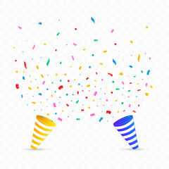 Obraz premium Confetti vector with party cap for festival background. Confetti and ribbon explosion background. Red, green, golden, blue confetti on transparent background. Event and party Celebration.