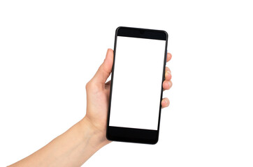 Female hand holding a smartphone with a white screen on a white background, isolate