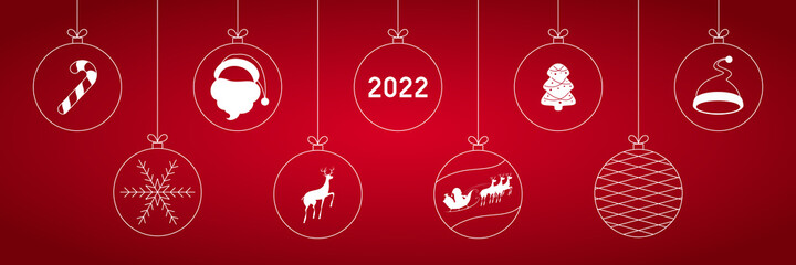 Set of hanging christmas baubles on red background. Vector illustration.