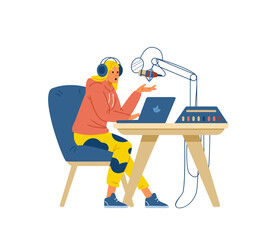Podcast flat vector illustration. Woman podcaster in headphones talking to microphone recording radio or podcast show. Isolated on white. 