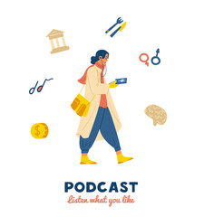 Woman walking listening to podcast show in her smartphone. Different show icons. Flat vector illustration. Isolated on white.
