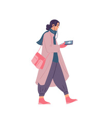 Woman walking listening to podcast show in her smartphone. Flat vector illustration. Isolated on white.