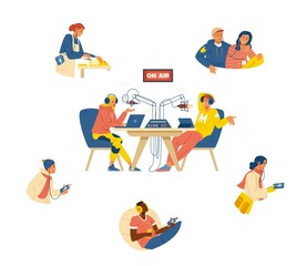 Podcast show concept flat vector poster. Young couple streaming podcast in studio, different people in headphones listening to it.