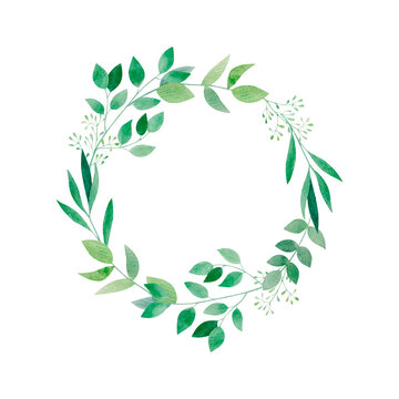 Watercolor isolated botanical wreath with greenery. Hand drawn round frame with green branches on white background for prints, textile, logo and wedding decoration.