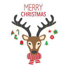 Reindeer head with horn decoration in flat design on white background. Merry Christmas festival celebration concept vector. Season greetings.
