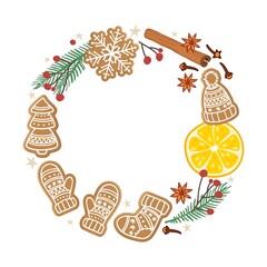 Winter festive wreath. Round frame with gingerbread cookies, christmas tree branch, orange slice, spices. Round wreath with copy space for invitation, card. Cartoon sweet food flat vector illustration