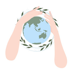 Ozone layer depletion Vector stock illustration. The green planet is in your hands. Concept of environmental protection. 