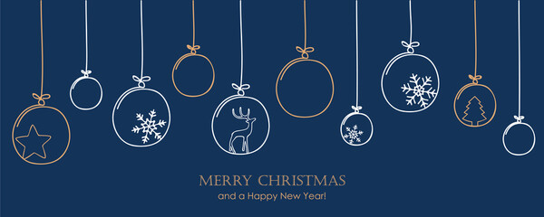 christmas card with tree balls decoration on blue background