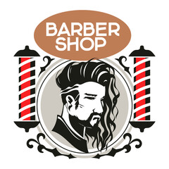 Barbershop Badge or Emblem with barber pole in Vintage Style