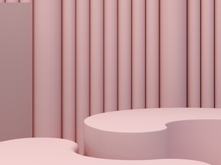 Minimal scene with curved podium and abstract background. Geometric shapes. Pink pastel colors. Minimal 3d rendering. Geometrical forms and textured background for cosmetic product. 3d render. 
