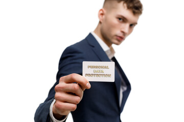 A businessman shows an inscription: PERSONAL DATA PROTECTION