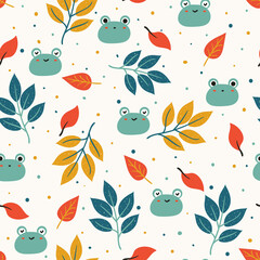 cute seamless pattern with cute cartoon of frog and plant. for fabric print and textile, kids wallpaper