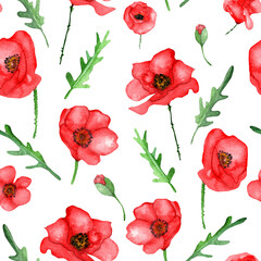 Poppy flower pattern.Watercolor red floral hand-painted pattern.